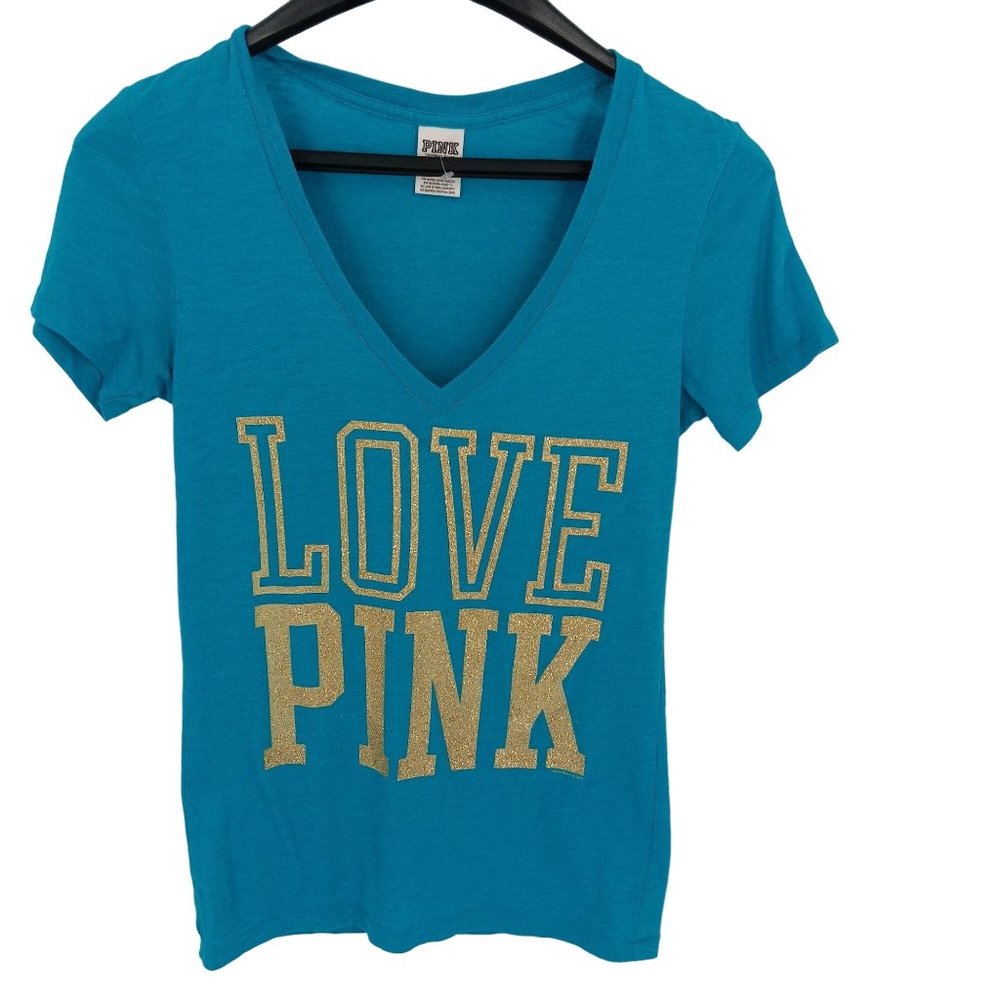 PINK VICTORIA'S SECRET BLUE SMALL TOP V NECK - Picture 1 of 6